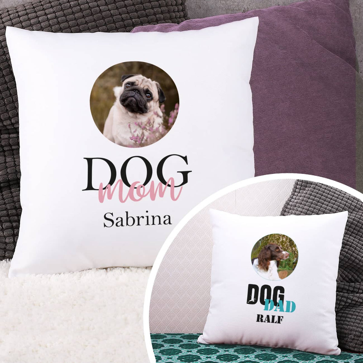 Persönliches Fotokissen für Hundebesitzer mit Ihrem Wunschbild und einem Namen bedruckt