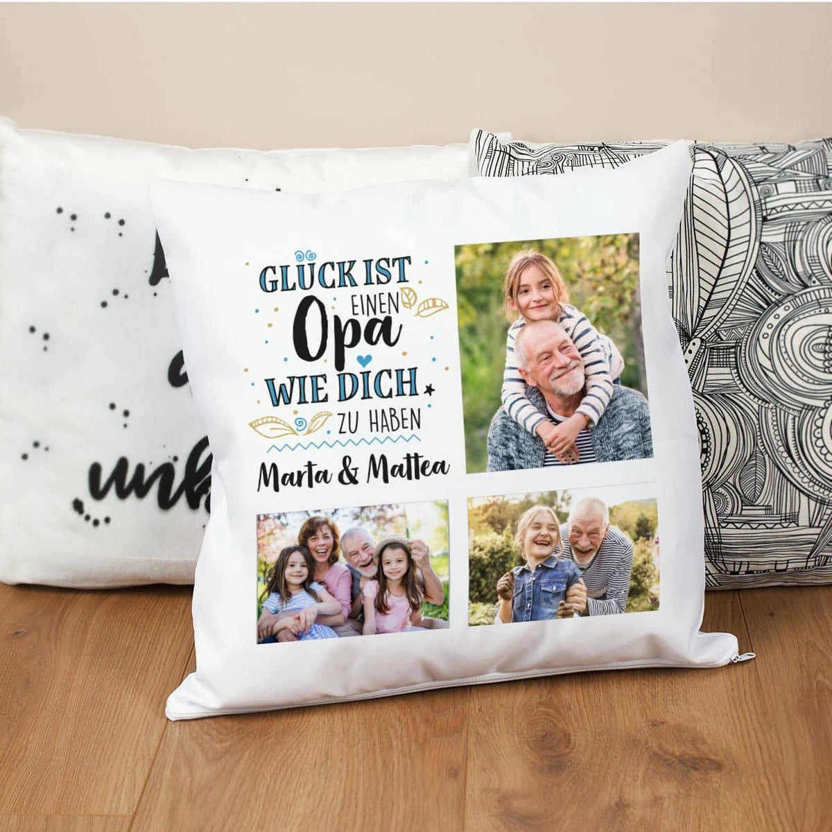 Kissen mit drei Fotos und Wunschtext für Opas