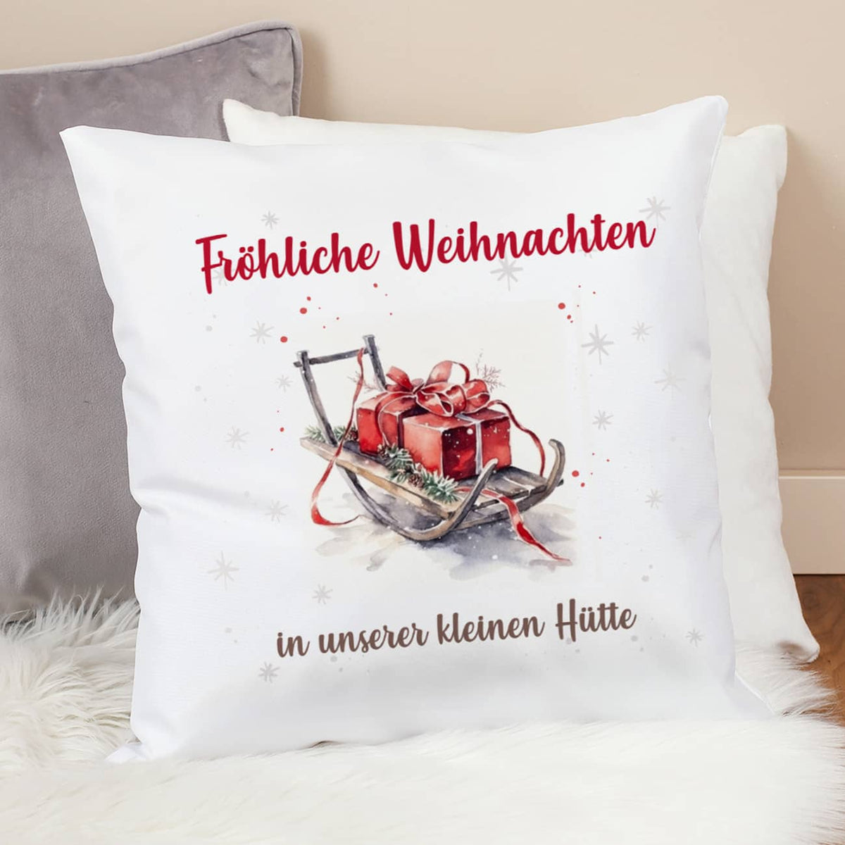 Weihnachts-Kissen mit Ihrem Text & Santa's Schlitten