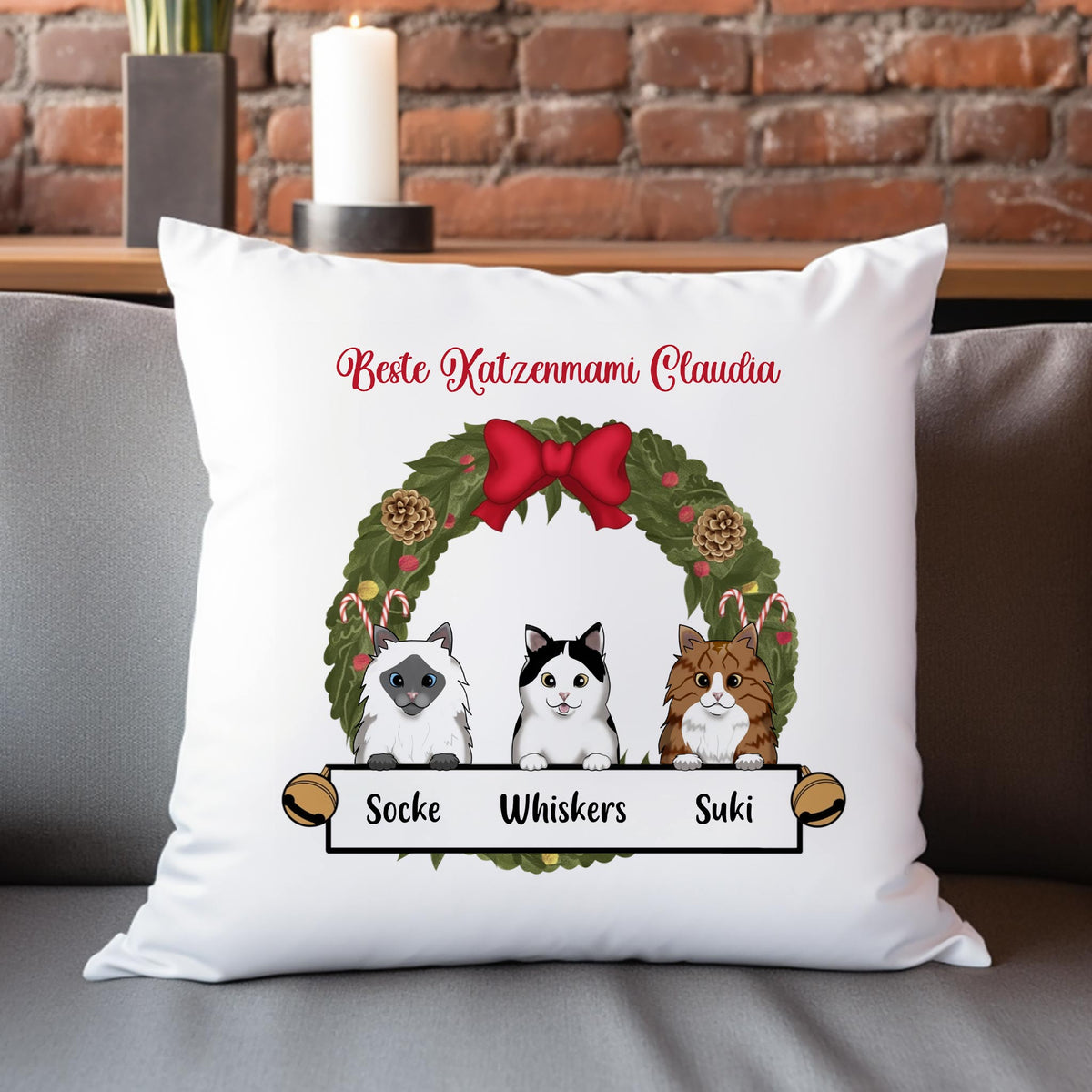 Kissen mit weihnachtlichem Katzenmotiv - 1 bis 3 Katzen möglich
