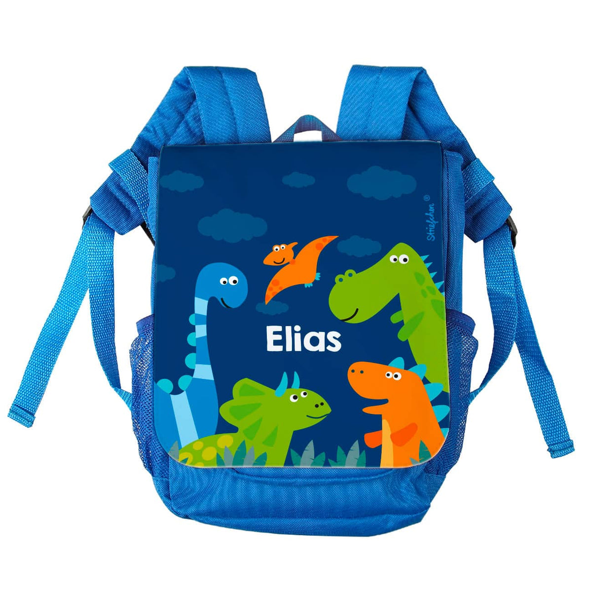 blauer Kinderrucksack mit Dinosauriern und Ihrem Namen