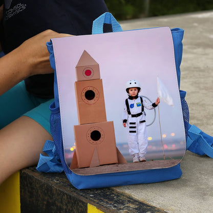 blauer Kindergartenrucksack mit Foto selbst gestalten
