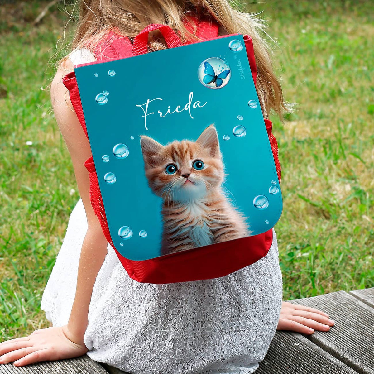 Kinderrucksack mit niedlicher Katze, Seifenblasen und Name oder Initialen