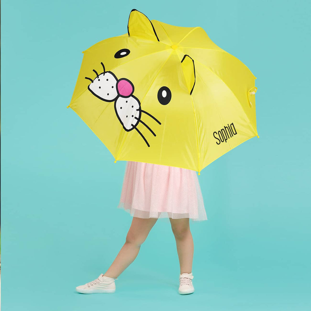 Gelber Katzen Regenschirm für Kinder mit Name personalisiert