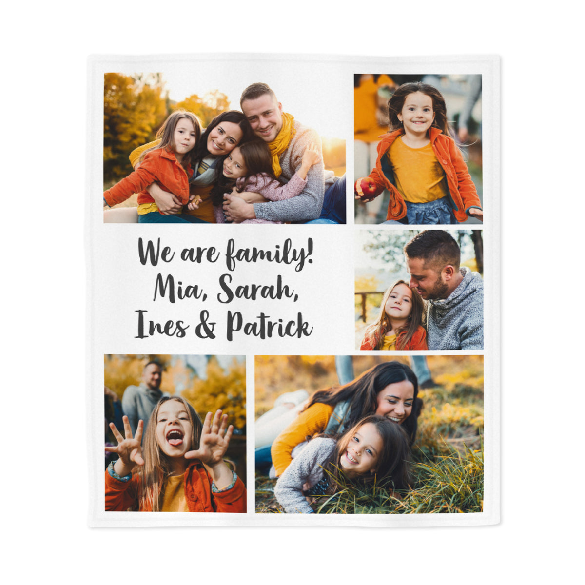 Kleine Fotodecke mit Familienbildern und Wunschtext We are family
