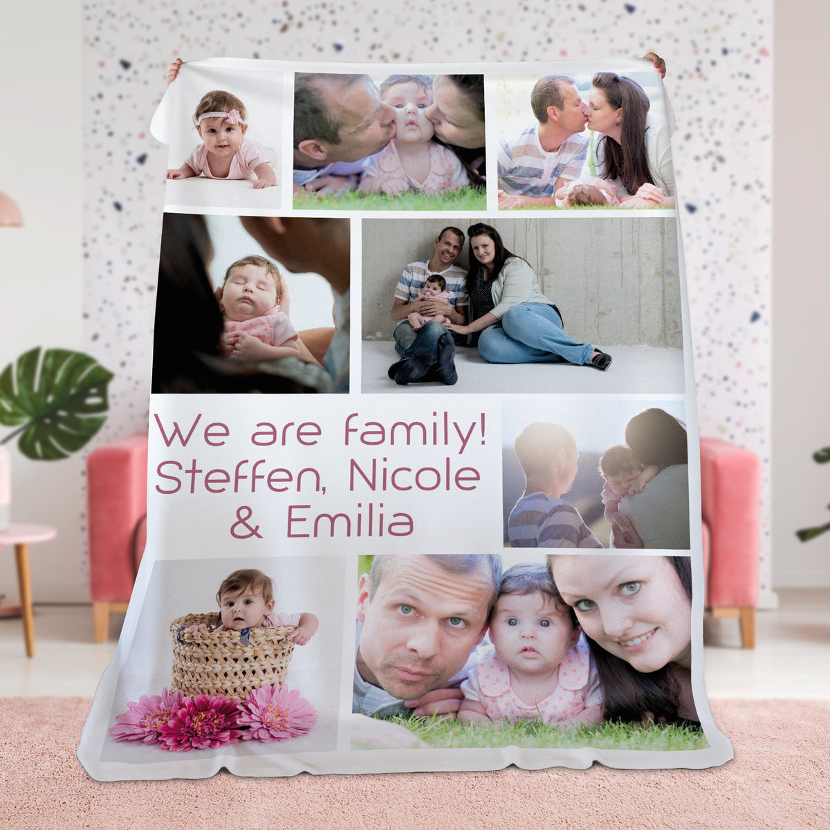 Personalisierte Fotodecke XXL mit 8 Fotos und Wunschtext für die ganze Familie