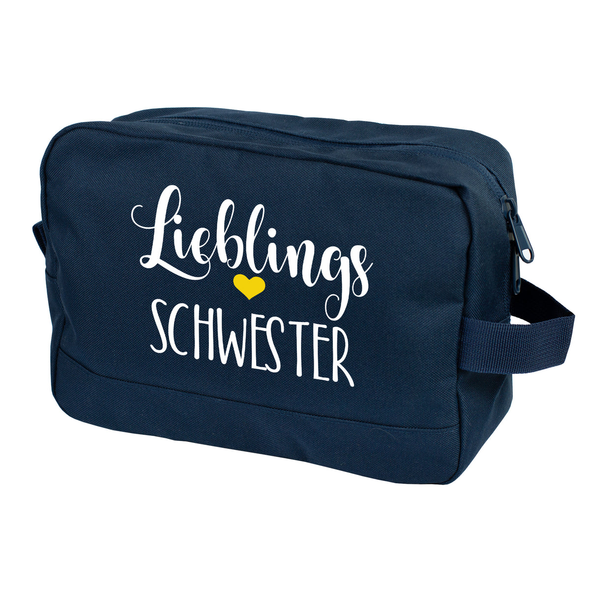 Kulturbeutel mit "Lieblings"-Motiv und Wunschaufdruck in Navy freigestellt auf weißem Hintergrund