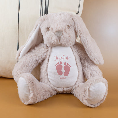 Kuscheltier Hase mit Babyfüßchen | Personalisiert mit Name & Datum zur Geburt & Taufe | Farbauswahl