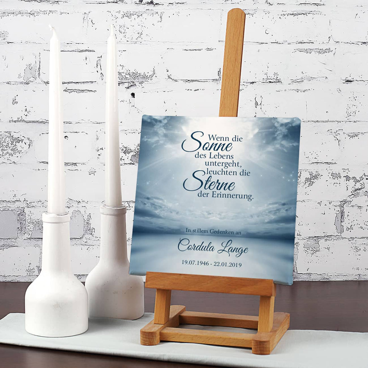 Gedenkleinwand mit Spruch, Name und Datum - 20 x 20