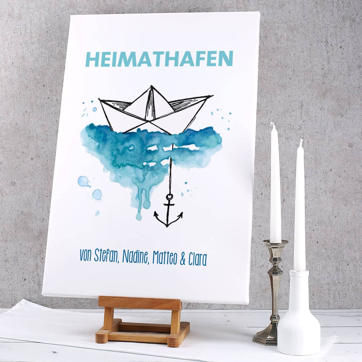 Heimathafen - Leinwand mit Papierschiffchen, Anker und Wunschtext 60x40cm