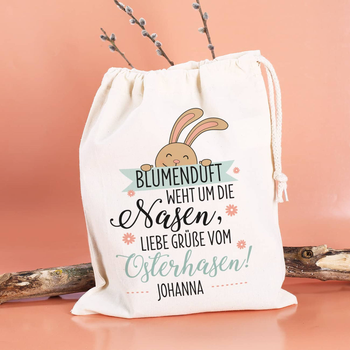 Großer Stoffsack für Ostergeschenke mit Ihrem Wunschnamen bedruckt