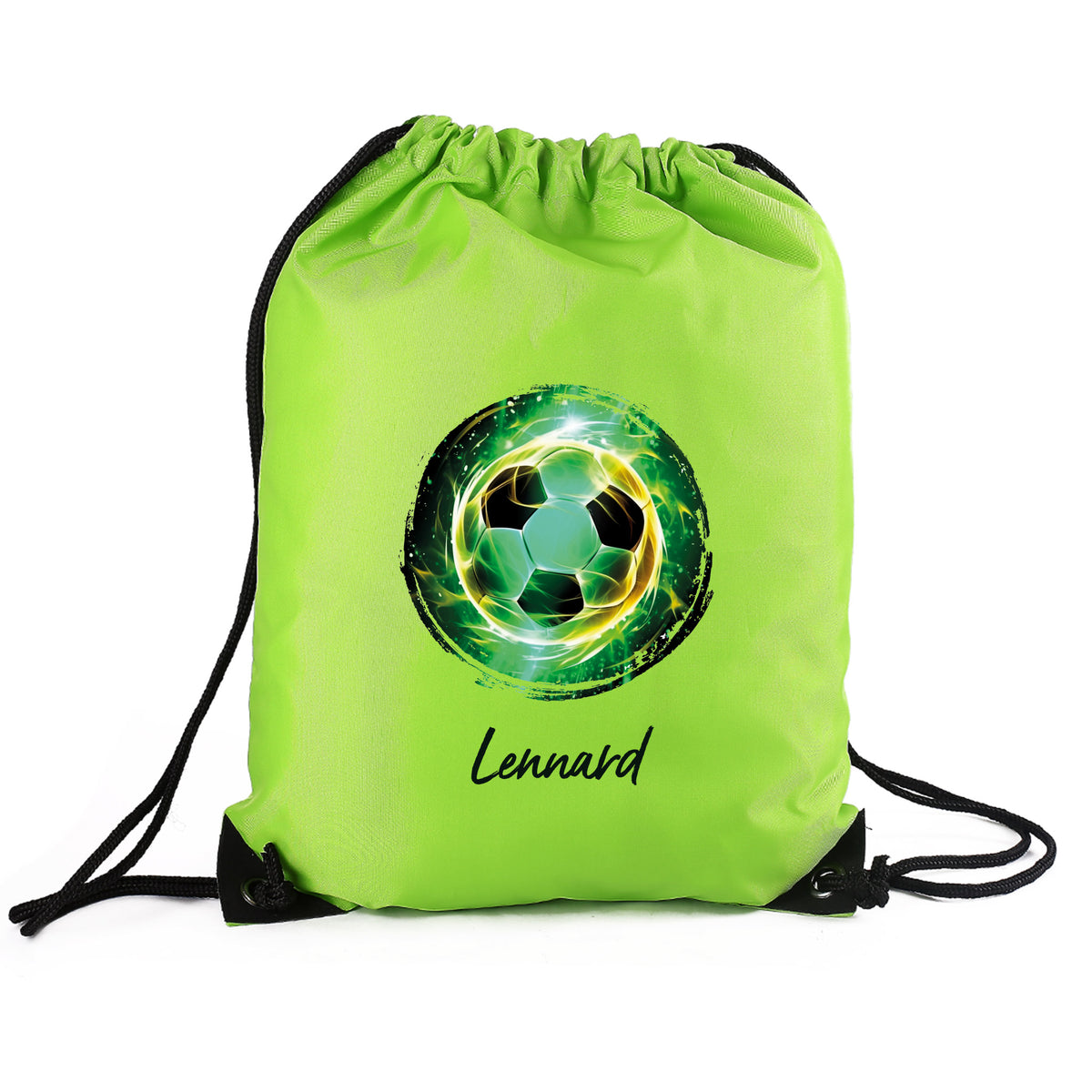 Grüner Turnbeutel mit Fußball-Aufdruck und Name „Lennard“