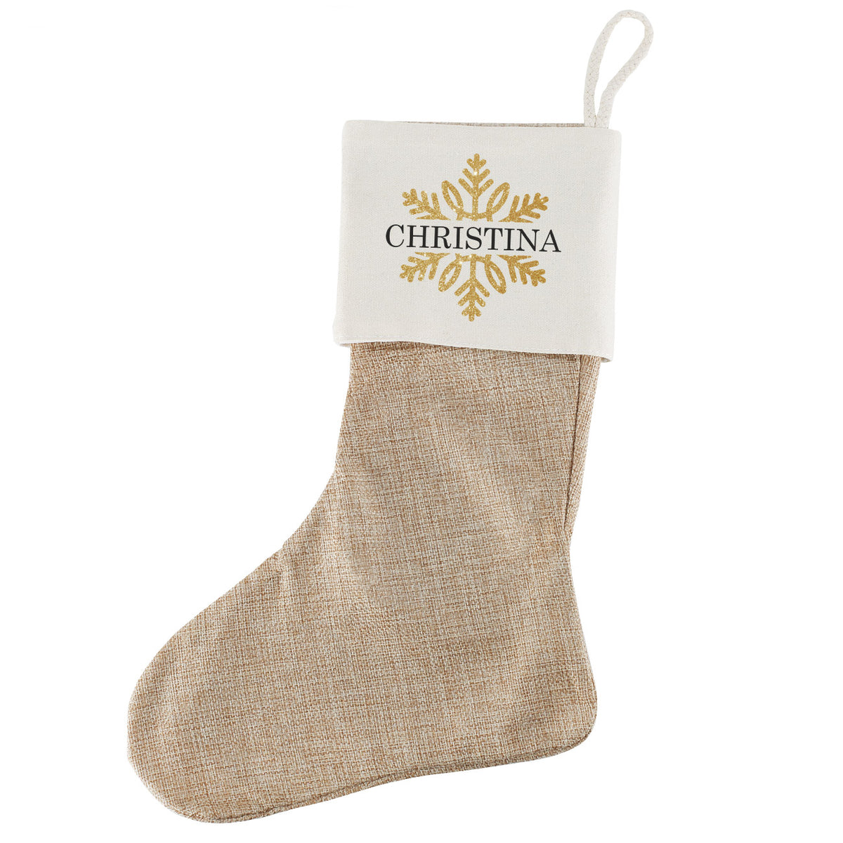 Weihnachtssocke mit goldenem Schneeflockenmotiv und Name bedruckt