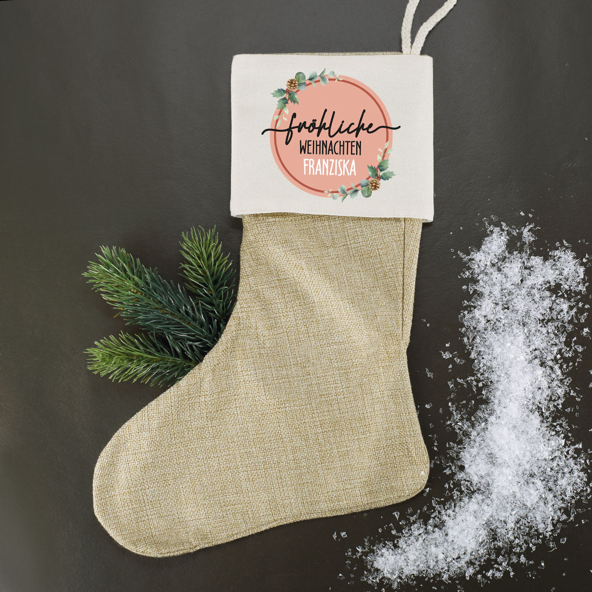 Weihnachtsstrumpf mit Personalisierung, bedruckte Nikolaussocke aus Jute