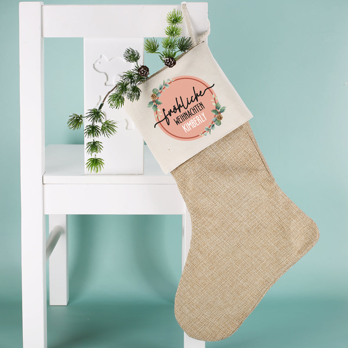 Fröhliche Weihnachten - Nikolausstrumpf mit Namensaufdruck