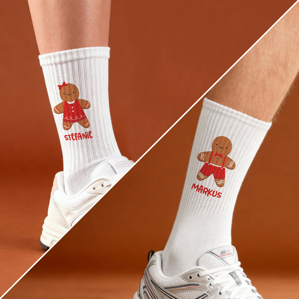 Bildvergleich beider Varianten: Lebkuchenfrau und Lebkuchenmann Socken mit personalisiertem Namen.