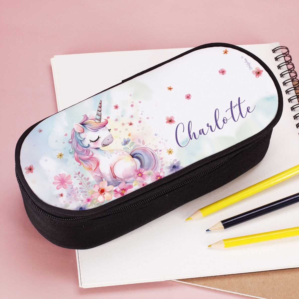Federmappe mit Einhorn und Name „Charlotte“ – auf Spiralblock mit Stiften
