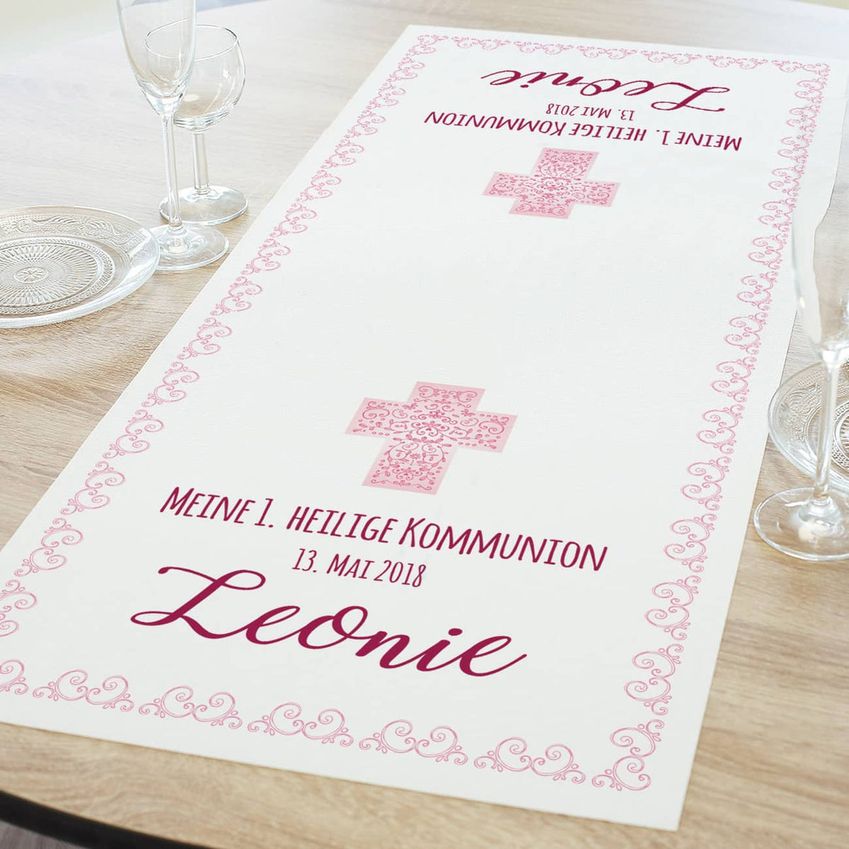 Tischläufer zur Kommunion, Konfirmation oder Taufe, in rosa