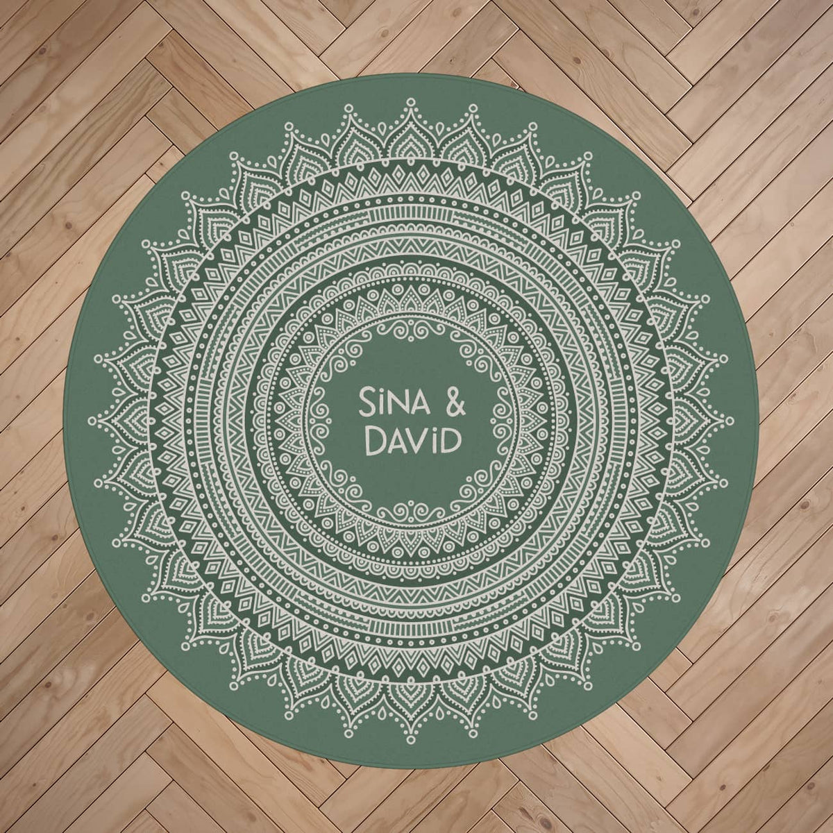Runder Wohnteppich mit Personalisierung und Mandala in grün