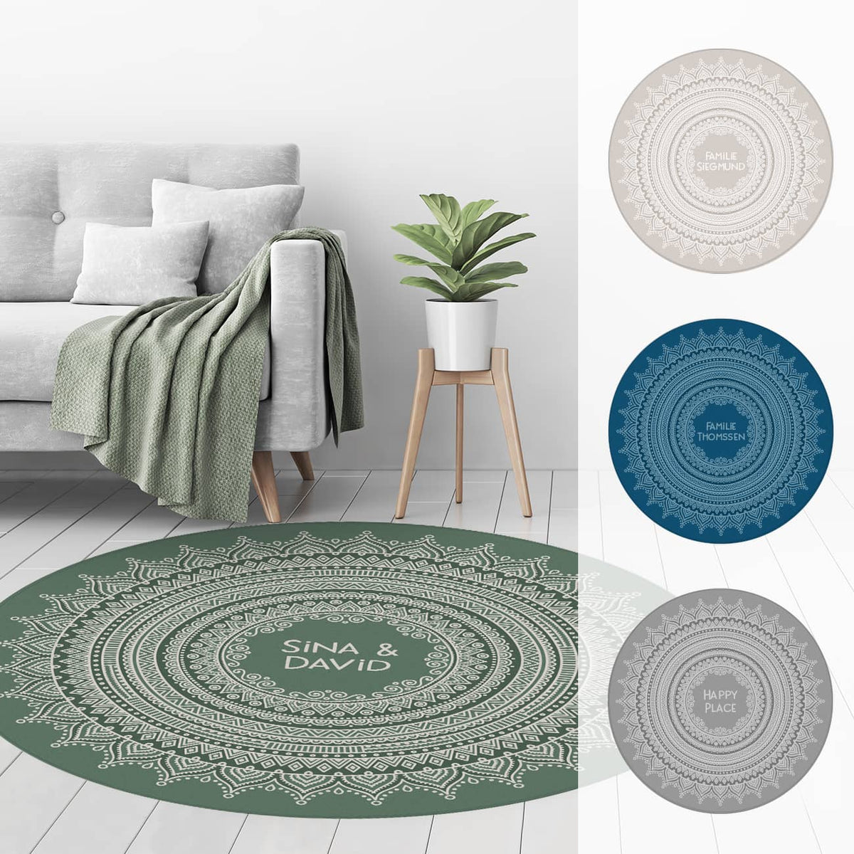 Wohnteppich rund mit Mandala und Text nach Wunsch bedruckt in 4 verschiedenen Farben