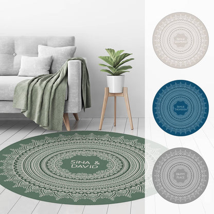 Wohnteppich rund mit Mandala und Text nach Wunsch bedruckt in 4 verschiedenen Farben