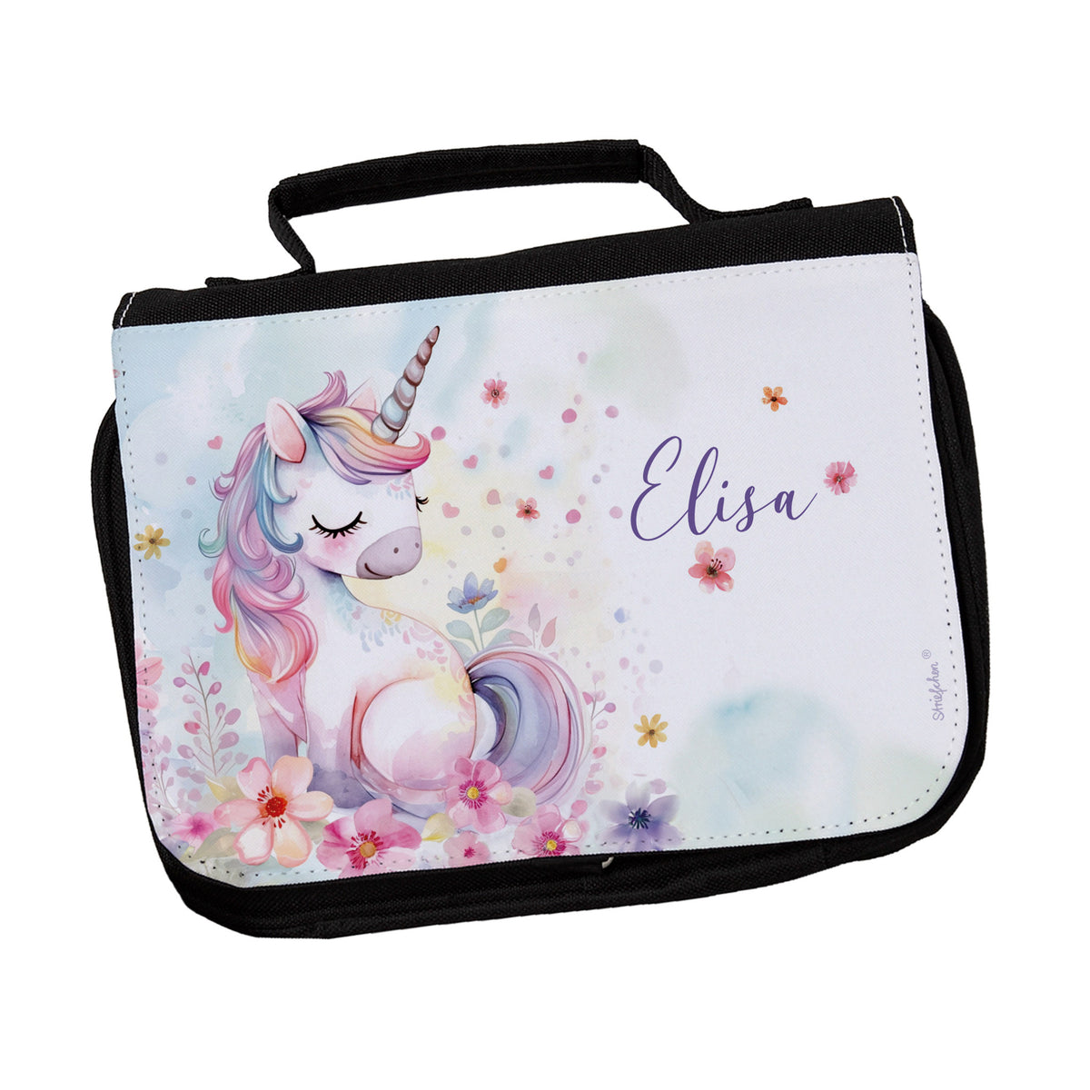 Kulturtasche mit Aquarell-Einhorn und Blumen, personalisiert mit Name „Elisa“ – Vorderseite freigestellt