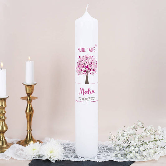 Große Taufkerze mit Lebensbaum in rosa für Mädchen