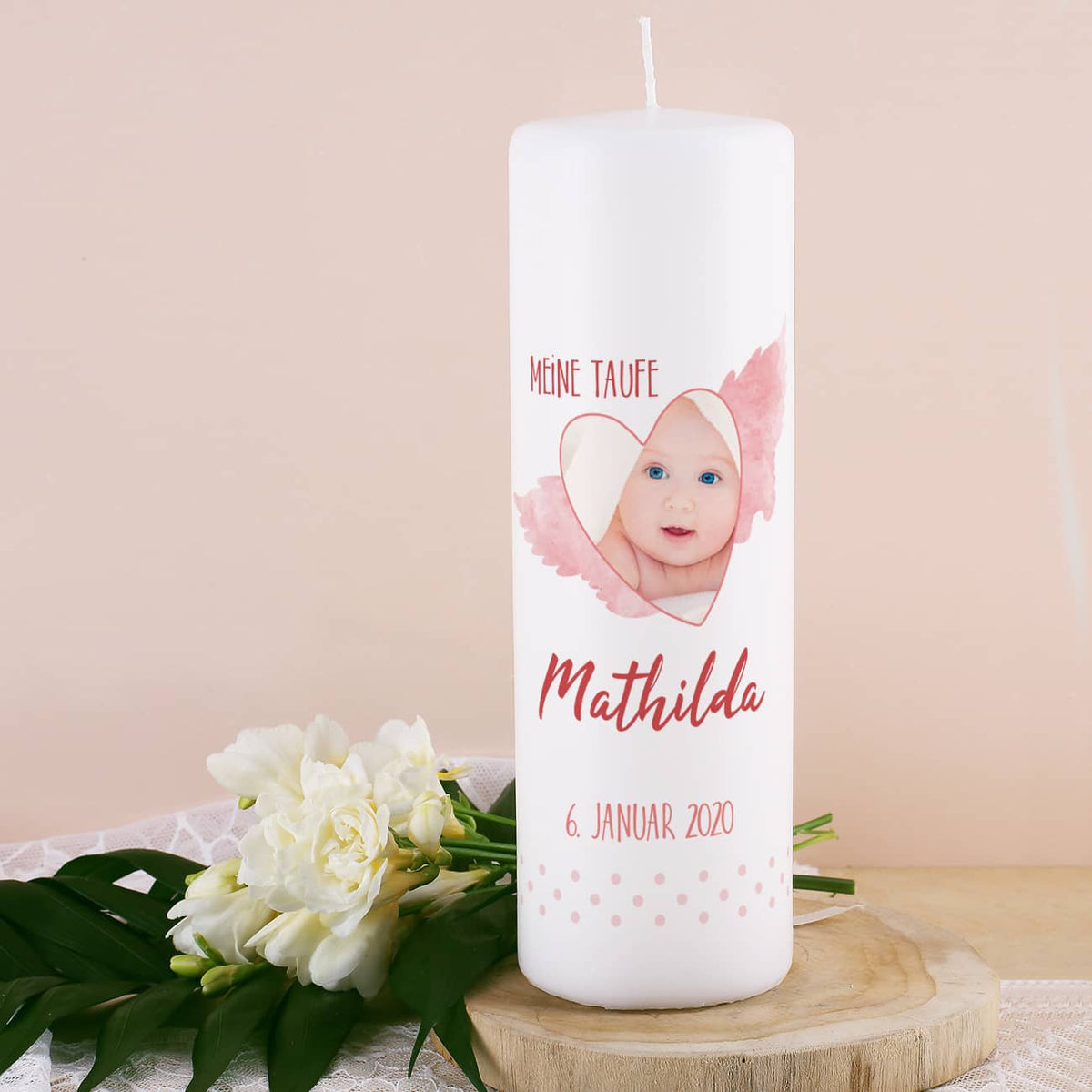 Taufkerze in Rosa mit Fotoaufdruck