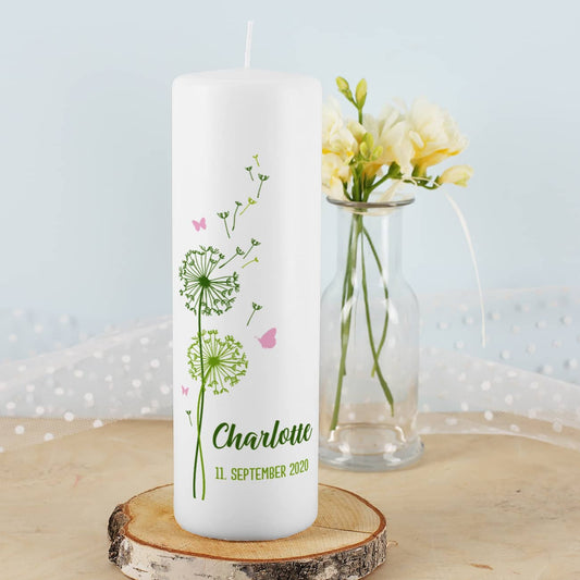 Taufkerze Pusteblume mit Name, Datum und Taufspruch