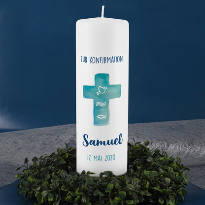 Konfirmationskerze mit Kreuz in Watercolor-Optik