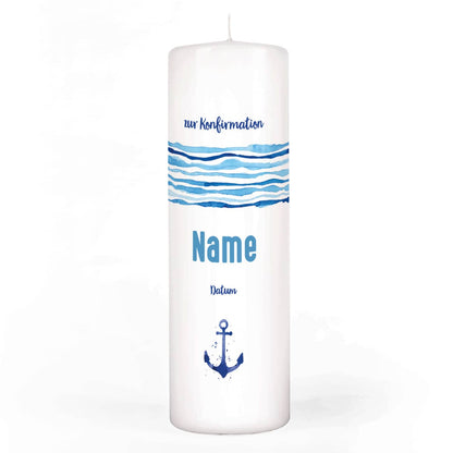 Konfirmationskerze mit Anker, Name, Datum 