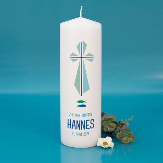 Konfirmationskerze mit Psalm und Kreuz