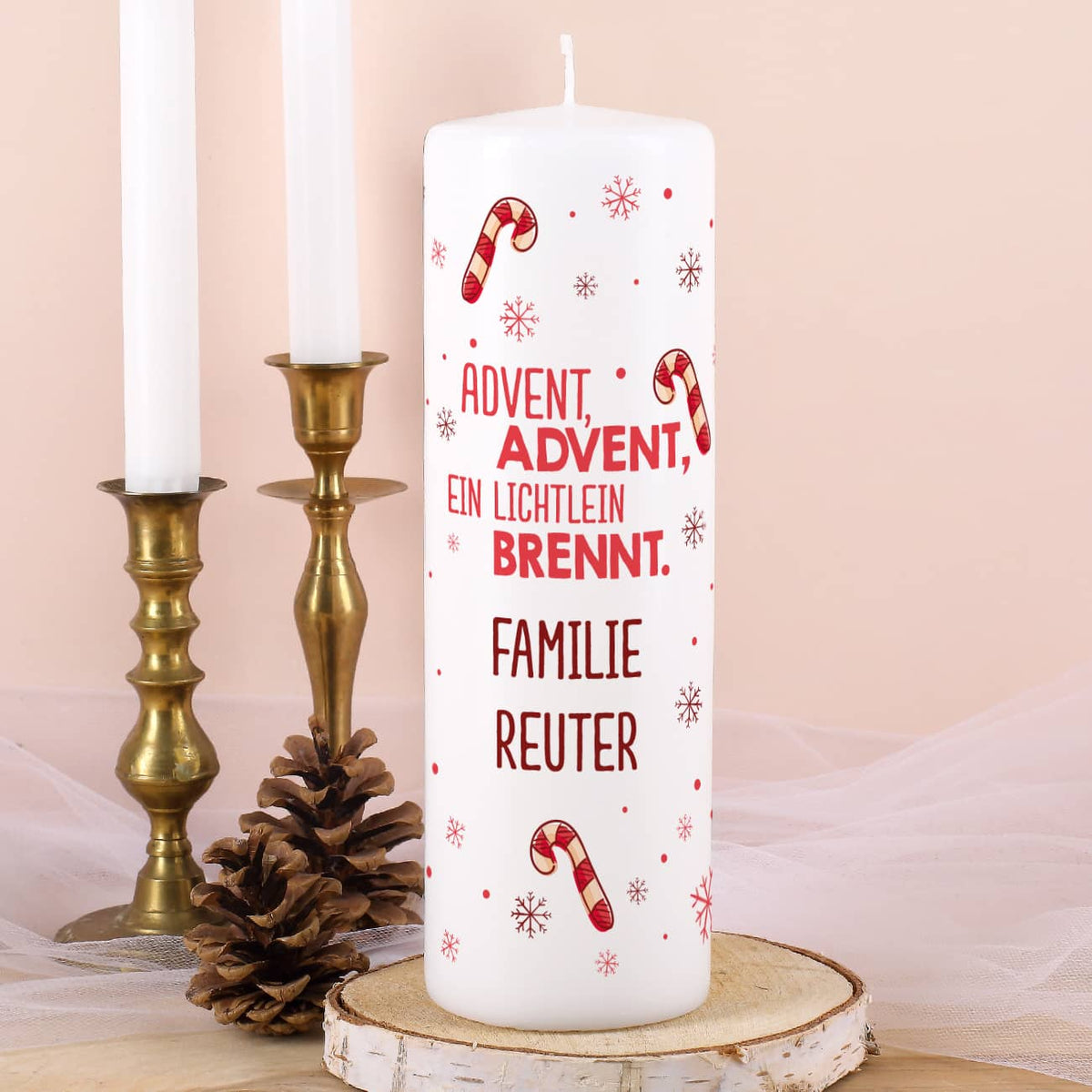 Adventskalender Kerze mit Zuckerstangen und Wunschtext