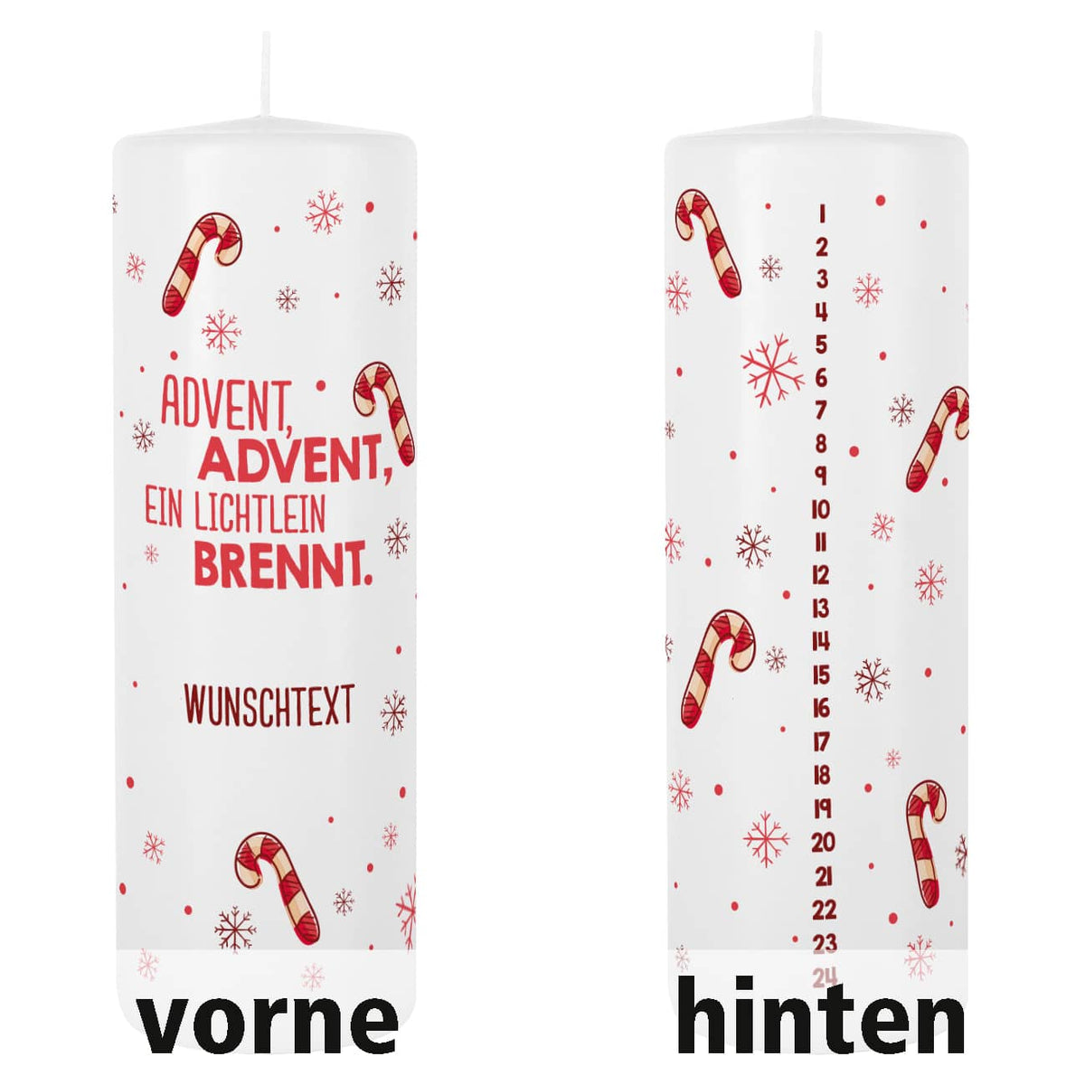 Adventskalender Kerze mit Zuckerstangen und Wunschtext