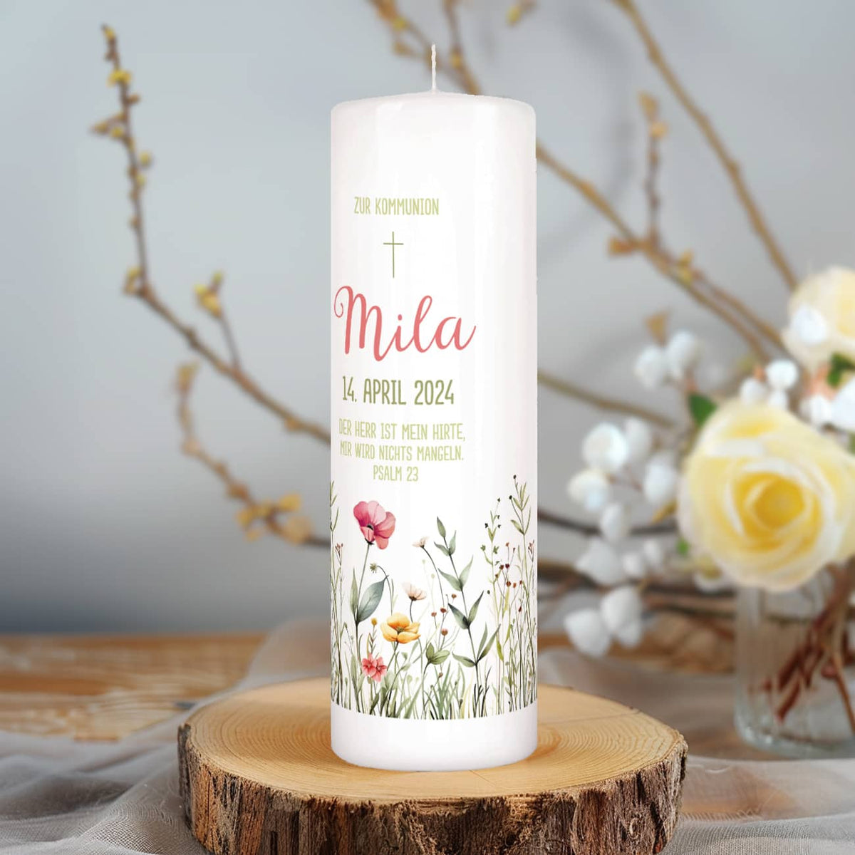 Kommunionkerze mit Wildblumen, Name, Datum & Psalm