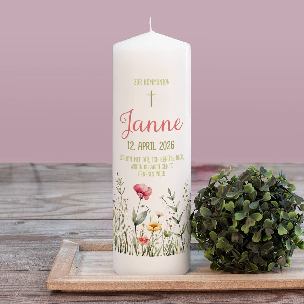Kommunionkerze mit Wildblumen, Name, Datum & Wunschtext