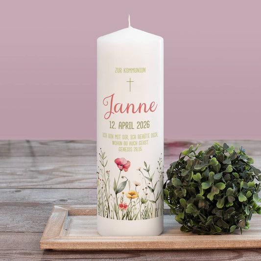 Kommunionkerze mit Wildblumen, Name, Datum & Wunschtext