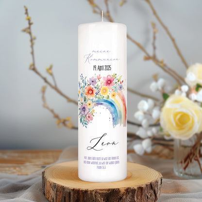 Personalisierte Kerze zur Konfirmation, Kommunion, Taufe, Jugendweihe | Blumen-Regenbogen Motiv