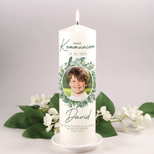 Fotokerze Kommunion, Eukalyptus, Name, Datum & Psalm