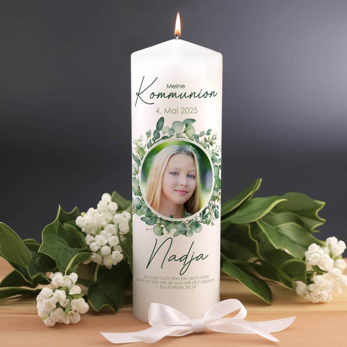 Kommunionkerze mit Foto, Eukalyptus, Name, Datum & Psalm