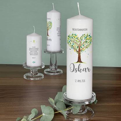 Kommunionkerze Lebensbaum grün-türkis umlaufend bedruckt