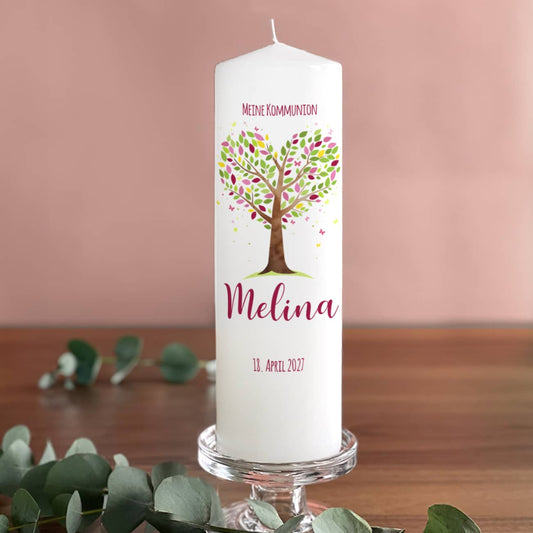 Kommunionkerze Lebensbaum rosa-violett mit Name, Datum & Wunschtext