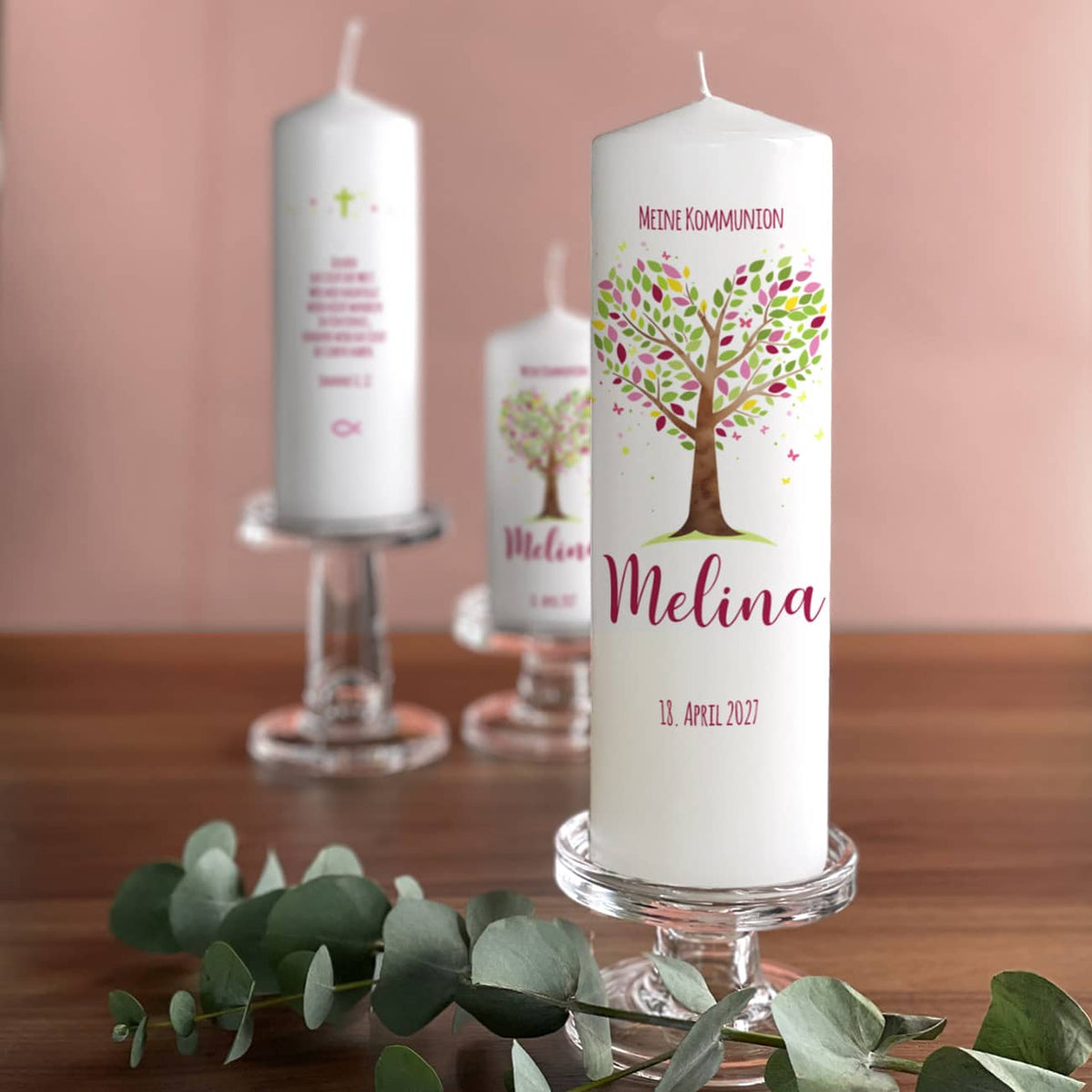 Kommunionkerze Lebensbaum rosa-violett umlaufend bedruckt