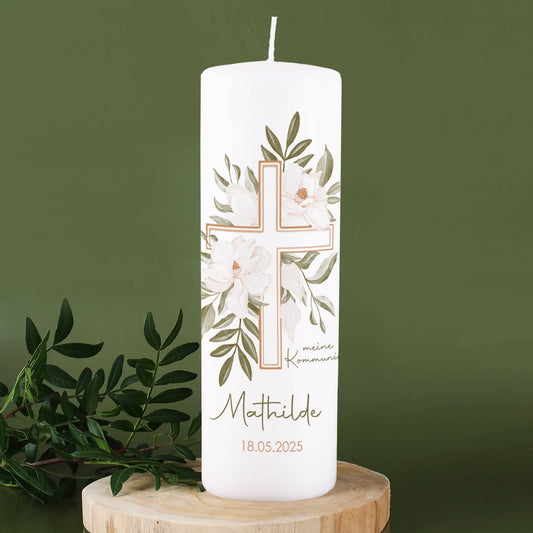 Kommunionkerze mit Kreuz und Blumenmotiv bedruckt