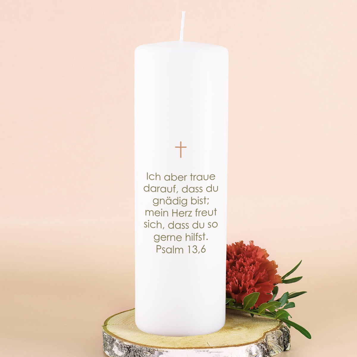 Kommunionkerze mit Kreuz und Blumenmotiv bedruckt