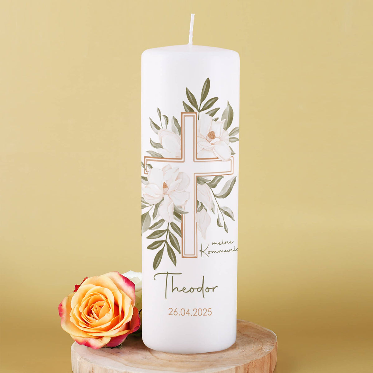 Kommunionkerze mit Kreuz und Blumenmotiv bedruckt