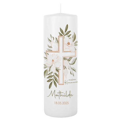 Kommunionkerze mit Kreuz und Blumenmotiv bedruckt