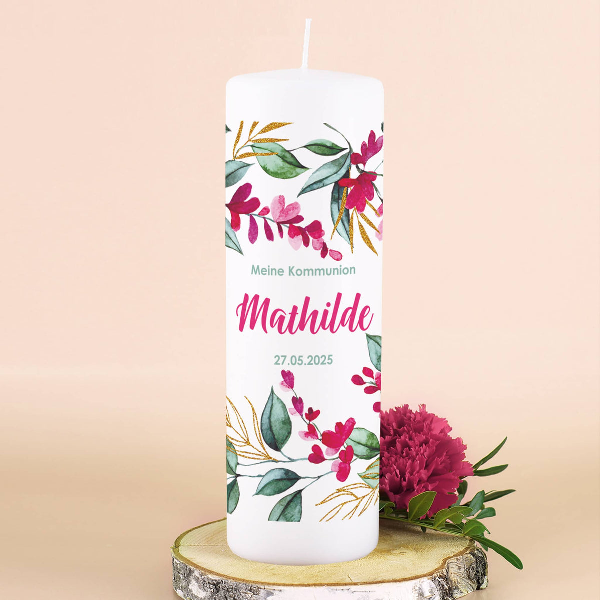 Große Kerze mit Blumenmotiv zur Taufe, Kommunion oder Konfirmation