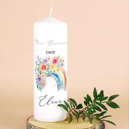 Personalisierte Kerze zur Konfirmation, Kommunion, Taufe, Jugendweihe | Blumen-Regenbogen Motiv