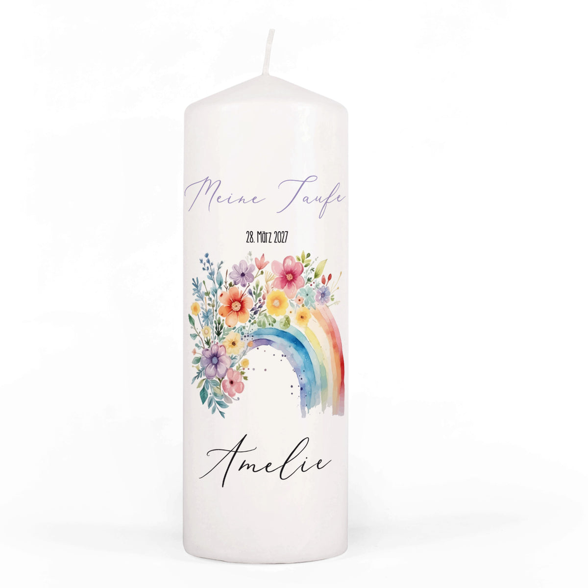 Personalisierte Kerze zur Konfirmation, Kommunion, Taufe, Jugendweihe | Blumen-Regenbogen Motiv